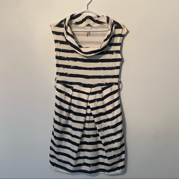 White and Navy striped dress with cowl neck. - Picture 1 of 3